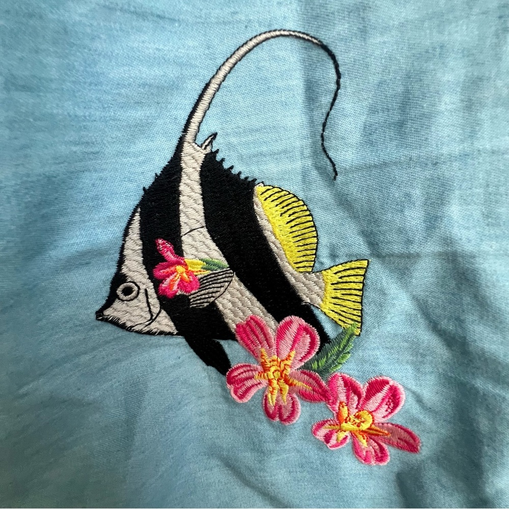Vilagallo Embroidered Patch Tropical Fish Chambray Dress 44/10 Floral Resortwear - Picture 5 of 14